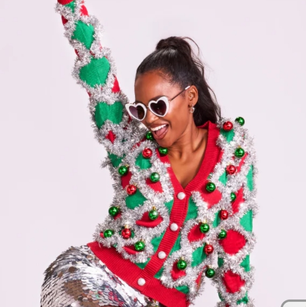 Tipsy‎ Elves Women's Tacky Tinsel Cardigan Christmas Ornament Sweater NWT Small